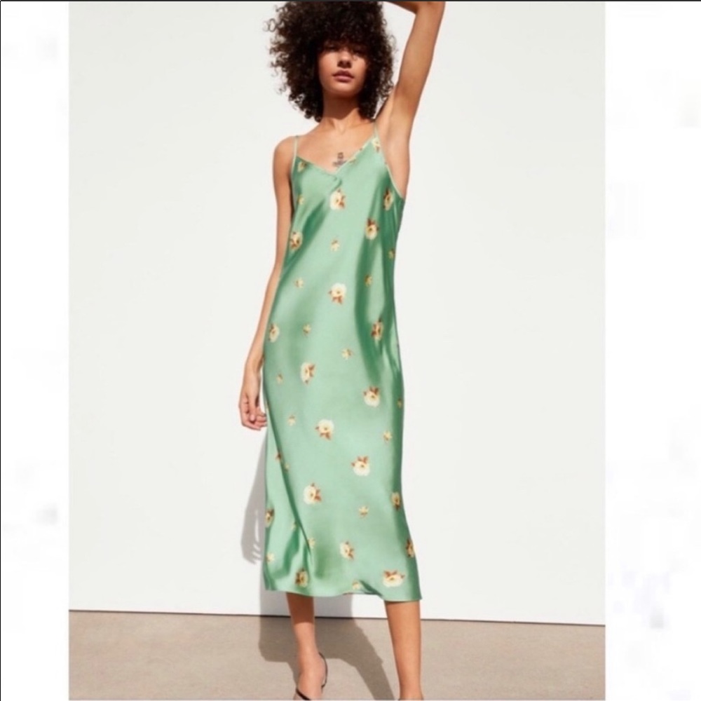 Zara Green Print Slip Dress